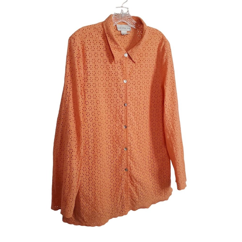 Susan Graver Size XL Blouse Cotton Eyelet Scalloped Hem Long Sleeve Orange